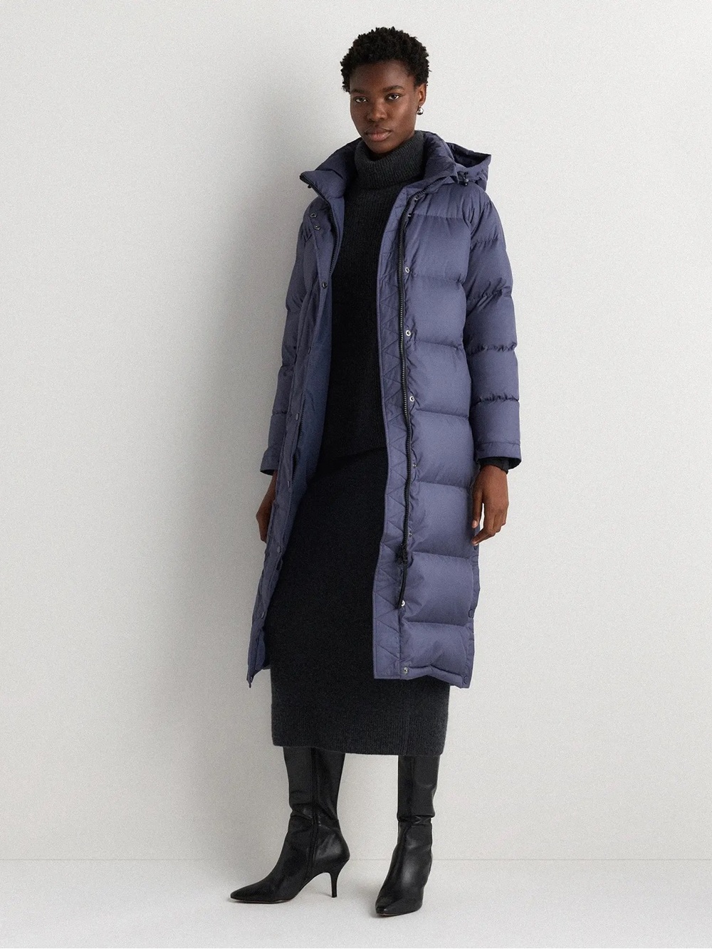 New Quince Responsible Down Long Puffer Coat Women Medium Storm Blue Hooded NWT